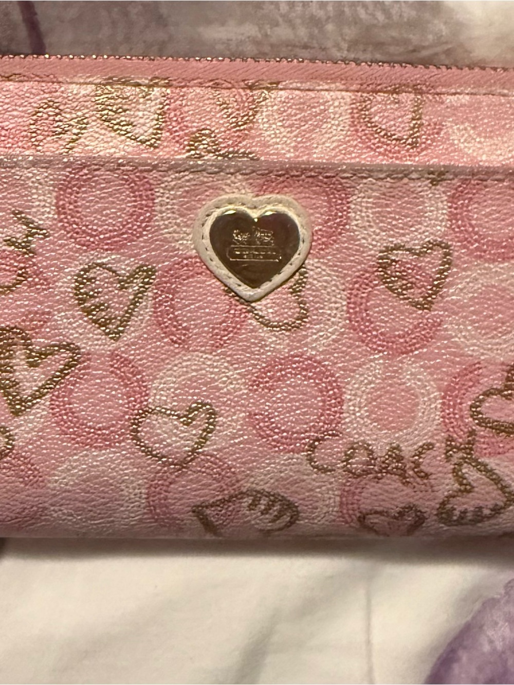 Coach Pink Heart-Print Wallet with Gold Heart Emblem